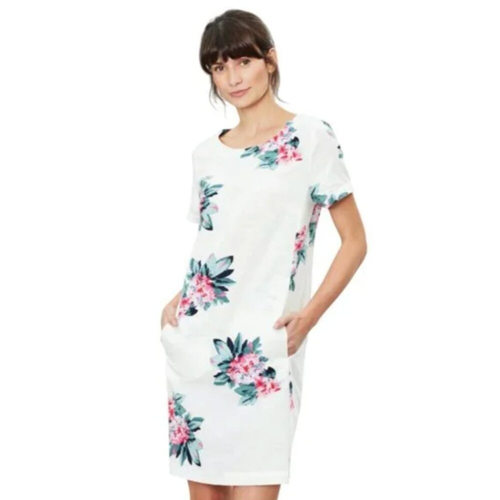 JOULES Fifi Floral Print Shift Dress in Cream Pink Size US 6 Linen Summer Preppy